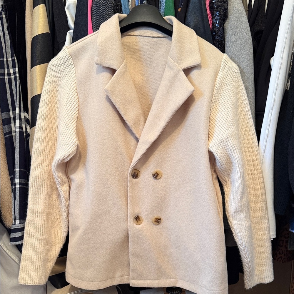 Cream Double-Breasted Coat with Knit Sleeves